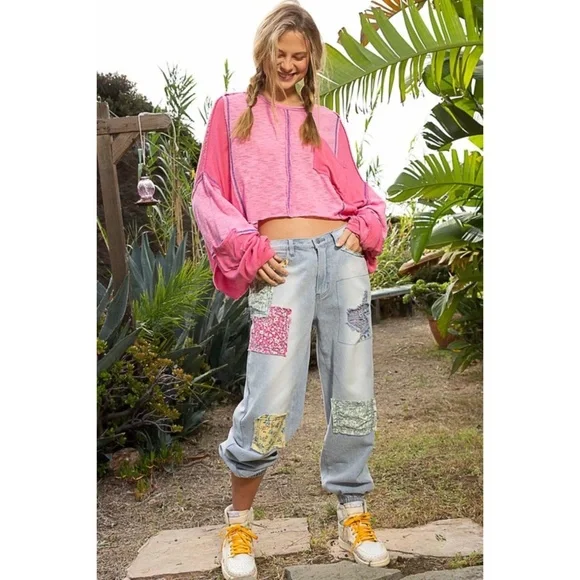 POL Light Wash Patchwork Boyfriend Jogger Jeans Lightweight - Picture 10 of 13